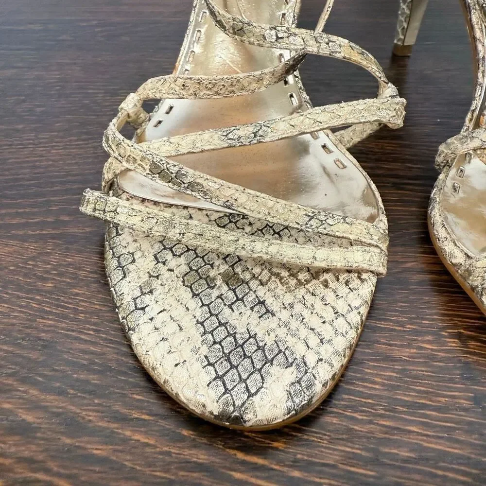 Gianni Bini Women’s gold leather snake Print 3” straps heel Sphere size 8.5